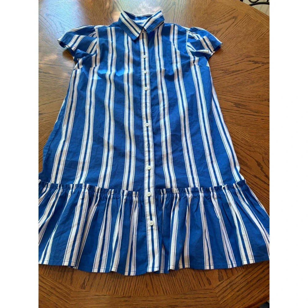 Crewcuts Girls Blue White Striped Ruffle‎ Shirtdress Size 14 NWT